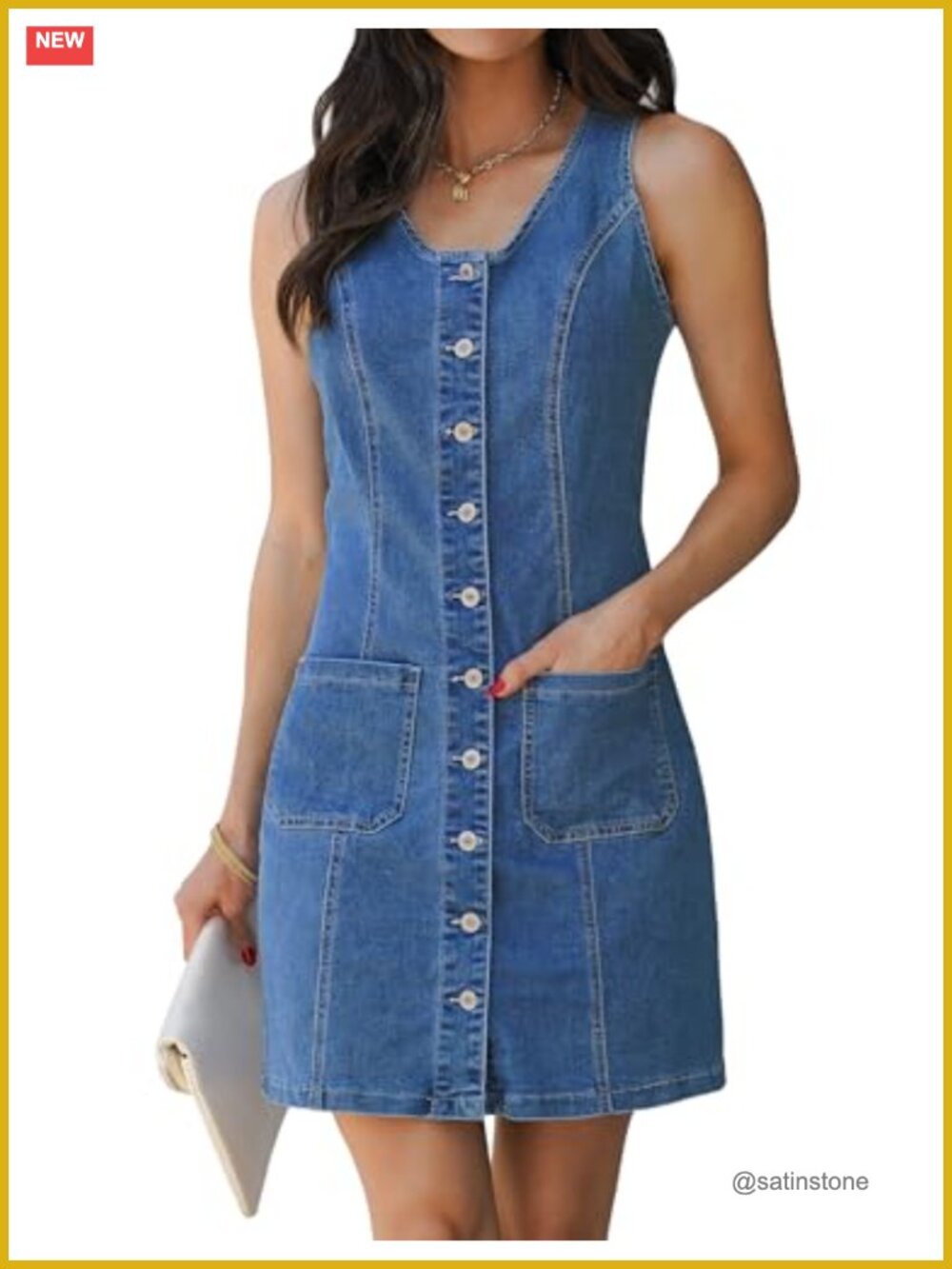 Sleeveless Denim Dress Button Down Casual A-Line Above Knee Summer